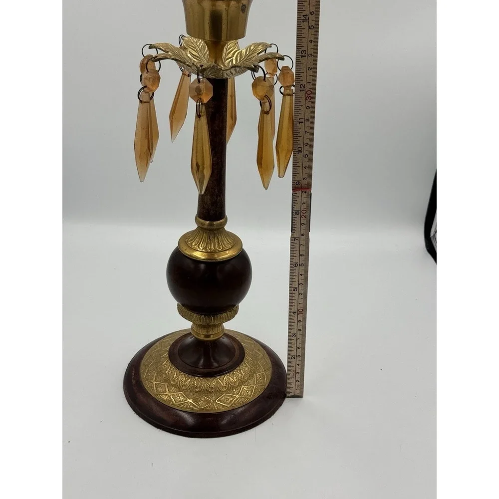 Vintage Heavy Gold Tone & Brown Candle Stick Holder With Orange Acrylic Prisms